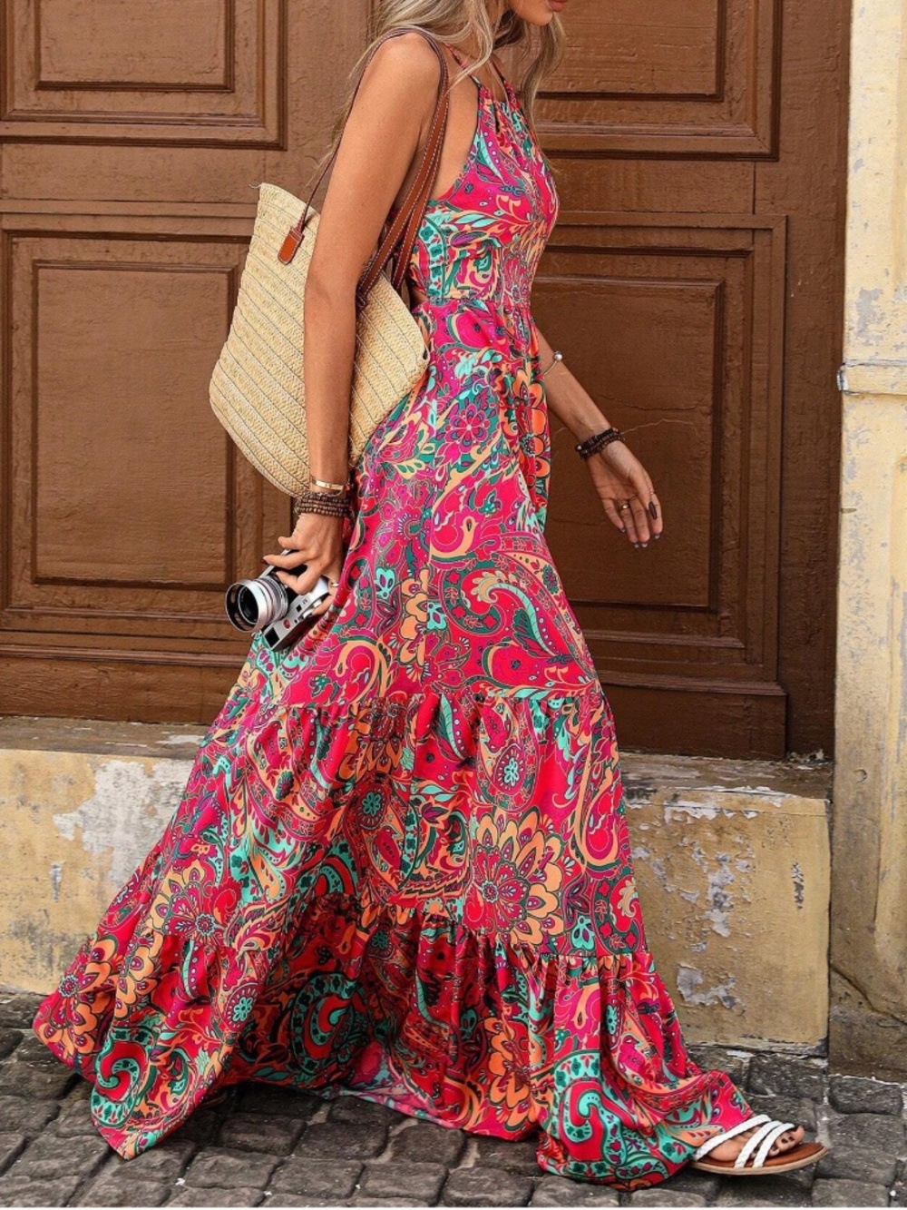 Boho Floral Print Criss Cross Cut out Back Cami Maxi dress - Picture 2 of 5